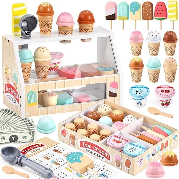 WHOHOLL 46Pcs Wooden Ice Cream Counter Toy Shop - Montessori Pretend Play Food Set with Scoop, Menu, Play Money - Educational Birthday Gift for Toddlers & Kids Ages 3+ - Product Image