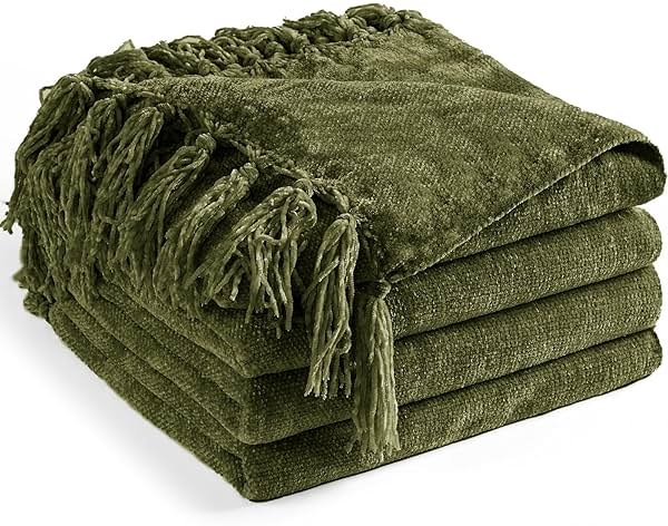 LONG CREATE Chenille Throw Blanket for Couch 50"X 60", Soft Cozy Throws with Fringe Tassel for Bed Sofa Chair Cover, Lightweight Knitted Decorative Boho Blankets for Living Room, Olive Green - Product Image