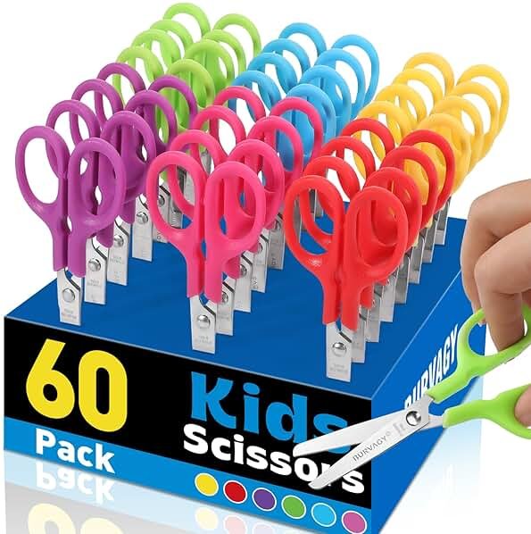 BURVAGY 60Pack 5" Small School Student Blunt Craft Kids Scissors, Sharp Stainless Steel Blades Safety Comfort Grip Scissors for Kids Children Cutting Paper, 5Inch - Product Image