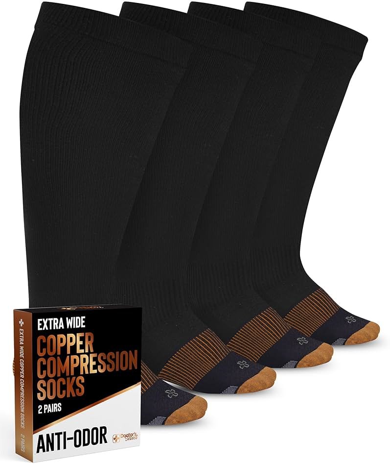 Doctor's Select® Copper Plus Size Compression Socks Wide Calf - 2 Pairs | 20-30mmHg Extra Wide Calf Compression Socks Women Copper for Swelling, Varicose Veins | Black - Product Image