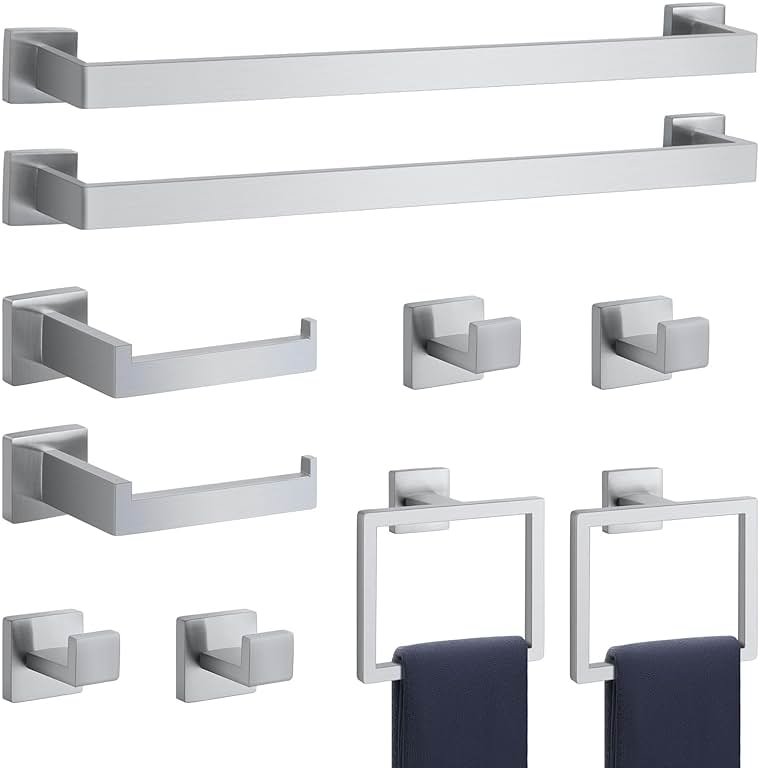 10-Pieces Brushed Nickel Bathroom Accessories Set, Stainless Steel Bathroom Hardware Set, Towel Racks for Bathroom Wall Mounted 24 Inch Bath Towel Bar Set. - Product Image