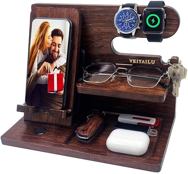 VEIYAILU Gifts for Men Women Brother Boss Boyfriend Him Nightstand Organizer Gifts for Dad from Daughter Son Wood Phone Docking Station (Dark Brown) - Product Image