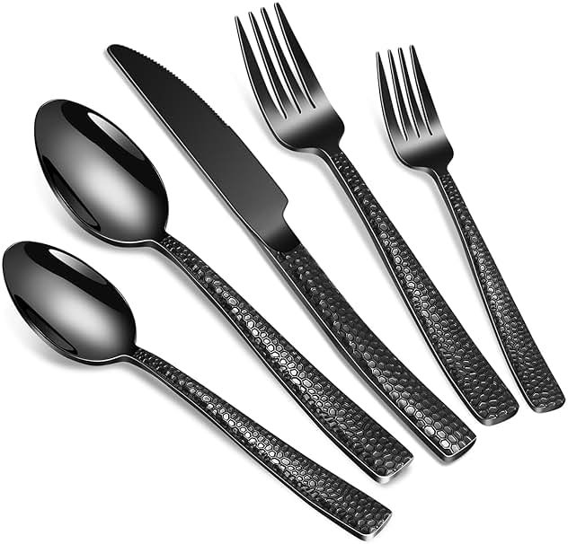 Remoxye 40-Piece Silverware Set, Black Hammered Stainless Steel Flatware Sets for 8, Food-Grade Tableware Set, Including Fork Knife Spoon Set, Durable Home Kitchen Cutlery Sets, Dishwasher Safe - Product Image