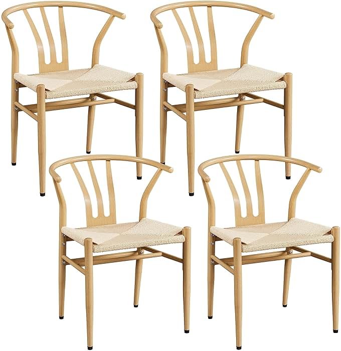Yaheetech Weave Dining Chairs Set of 4 Mid-Century Modern Dining Room Chairs with Hemp Seat Metal Legs, Wood Color - Product Image