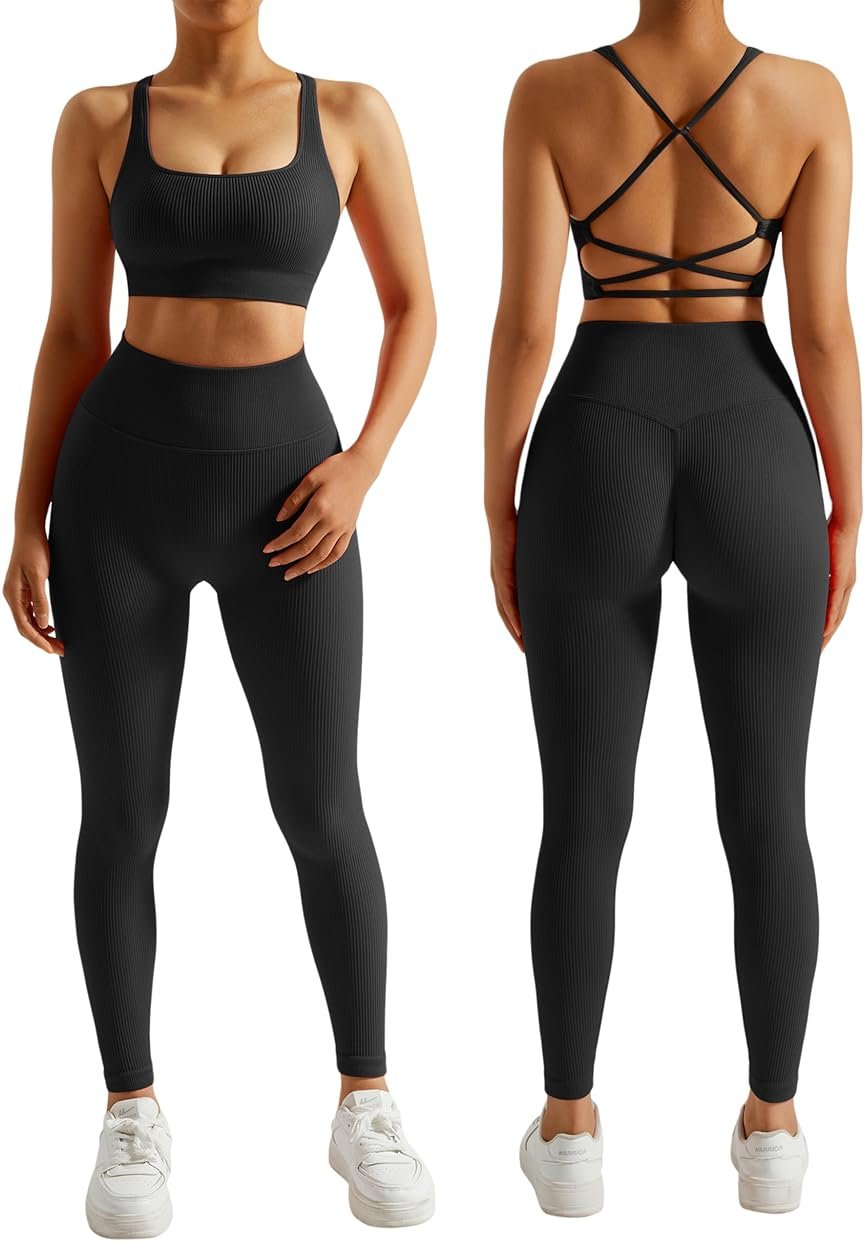 RXRXCOCO Ribbed Workout Sets for Women 2 Piece Backless Strappy Sports Bra Seamless Leggings Matching Set Yoga Outfits - Product Image