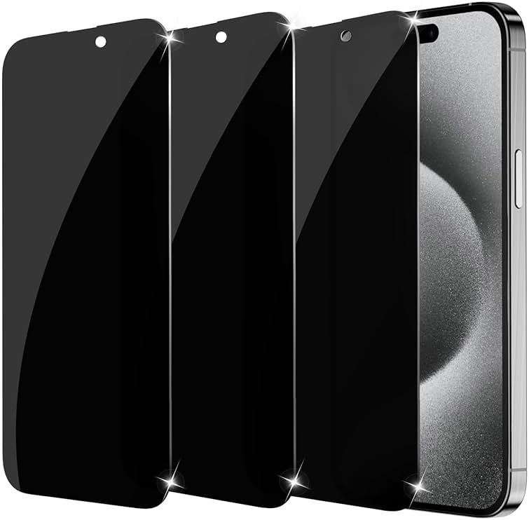sorlnern 3-Pack for Privacy Screen Protector for iPhone 15/15 Pro, Sensor Protection, Anti Spy Private Tempered Glass Film, Touch Sensitive, Bubble-Free, 9H Hardness Screen Protection 6.1 Inch - Product Image