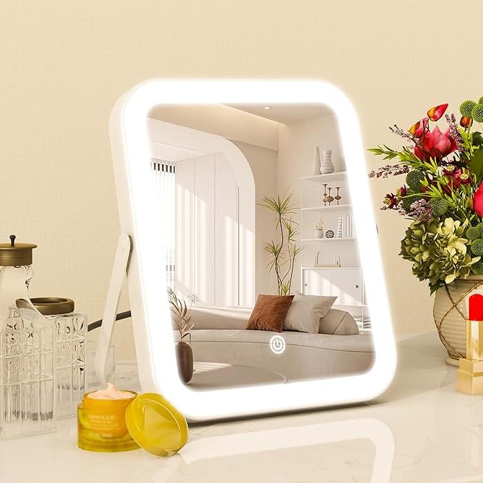 ROLOVE 8x10 Inch Lighted Vanity Mirror, 3-Color Dimmable LED Lighting & Touch Control, Portable Makeup Mirror with U-Bracket for Travel/Dressing Room (White) - Product Image