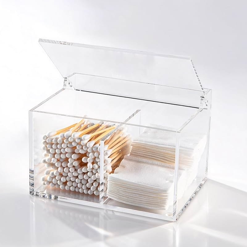 Dealpoli Clear Acrylic Cotton Swab Ball Holder Qtip Organizer with Lid 2-Grid Canister for Make Up Pads, Floss Picks, Vanity Storage,Bath Salts, Cosmetics, Home Bathroom Decor (DP004) - Product Image