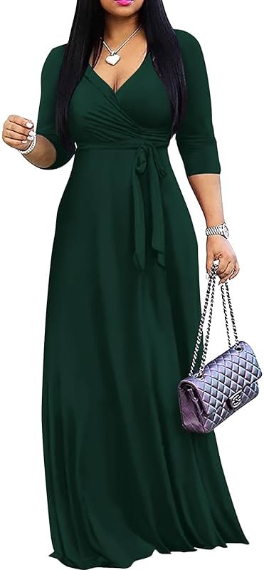FANDEE Women's 2026 Maxi Dress - Solid Color Bohemian Summer Long Maxi Dress V-Neck 3/4 Sleeve - Product Image