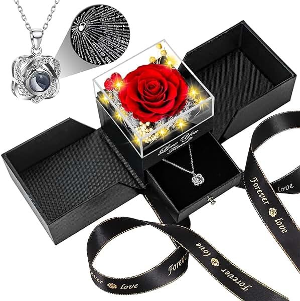 Lebana Preserved Red Real Rose with Heart I Love You Necklace -Mothers Day Gifts for Mom Her Wife Girlfriend Grandma on Valentines Mothers Day Christmas Birthday Anniversary Romantic-Red - Product Image
