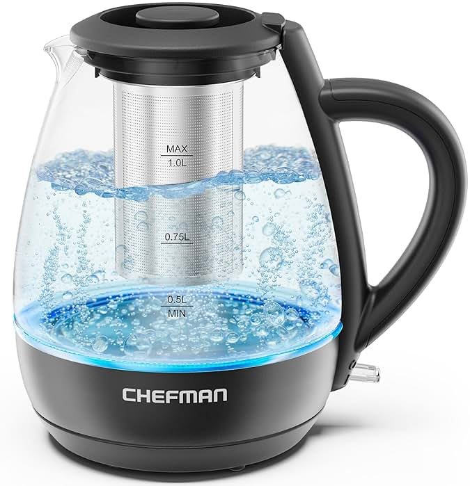 Chefman Electric Kettle with Tea Infuser, Compact 1L (4 Cups), 1500W, Removable Lid for Easy Cleaning, Boil-Dry Protection, Stainless Steel Filter, BPA Free, Auto Shut Off, Small Electric Tea Kettle - Product Image