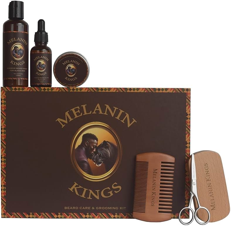 Melanin Kings Beard Grooming Kit for Men - Formulas With Ancient African Natural Ingredients | Beard Wash, Oil, Balm, Brush, Comb, Trimming Scissors - Product Image