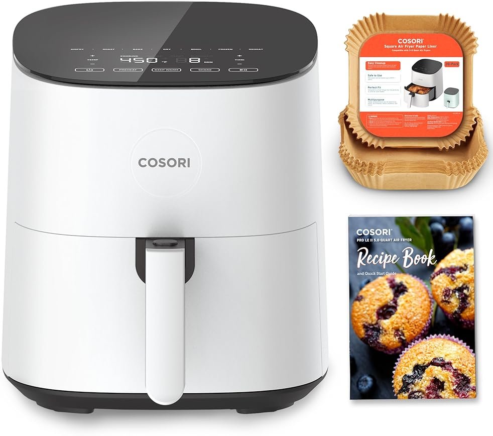 Cosori Air Fryer Pro LE 5-Qt Airfryer, With 20PCS paper liners, 10 Functions that Dry, Bake, Roast &Preheat, Shake Reminder, Up to 450℉, 85% Oil less, Compact, 130+ Recipes, Dishwasher Safe, White - Product Image