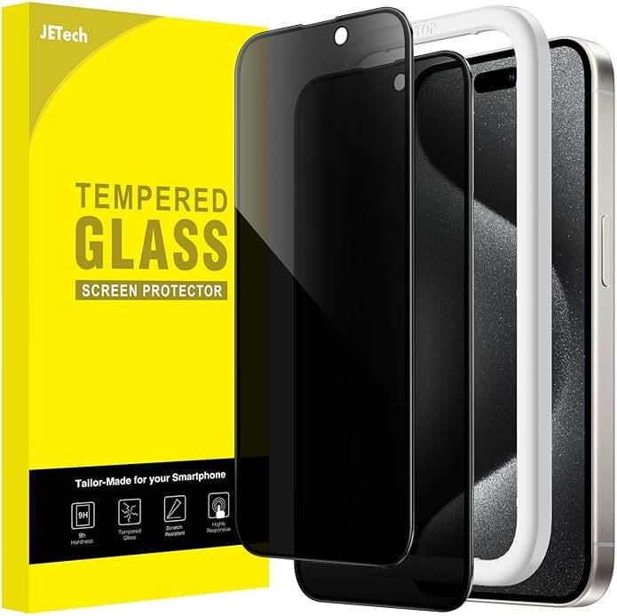 JETech Privacy Full Coverage Screen Protector for iPhone 15 Pro 6.1-Inch, Black Edge Anti-Spy Tempered Glass Film with Easy Installation Tool, Case-Friendly, 2-Pack - Product Image