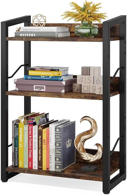Hosfais Book Shelf Small Bookshelf: 3-Tier Wood Bookcase Industrial Bookshelf with Edge Protection Metal Narrow Bookcase Storage Organizer Display Rack for Bedroom Home Office (Rustic Brown) - Product Image