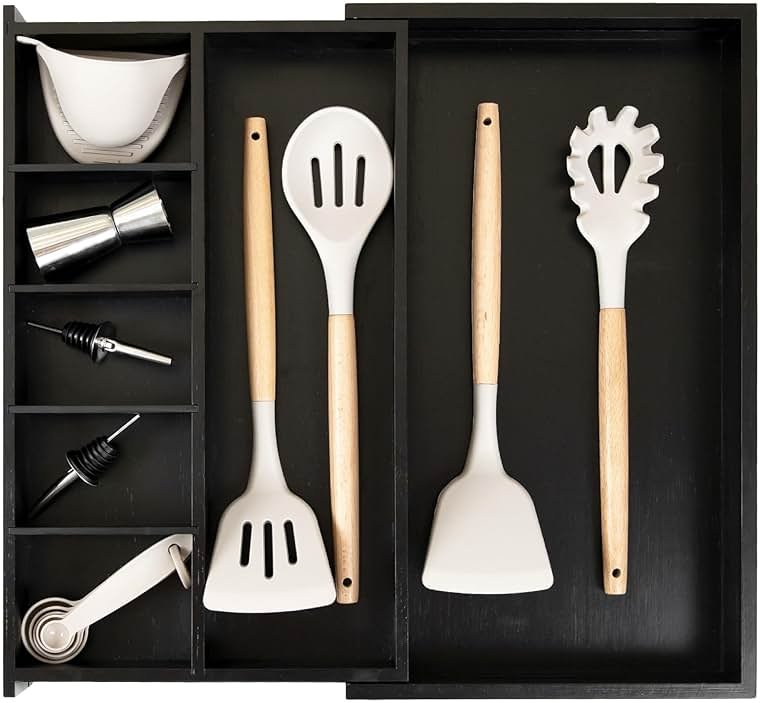 KitchenEdge Adjustable Kitchen Drawer Organizer for Utensils and Junk, Food-Safe Contract Grade with 100% Sustainable Wood, Expandable from 10.5 to 19 Inches Wide - Black Bamboo - Product Image