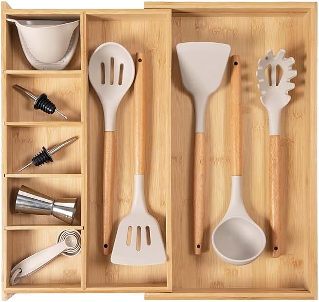 KitchenEdge Adjustable Kitchen Drawer Organizer for Utensils and Junk, Food-Safe Contract Grade with 100% Sustainable Wood, Expandable from 10.5 to 19 Inches Wide - Natural Bamboo - Product Image