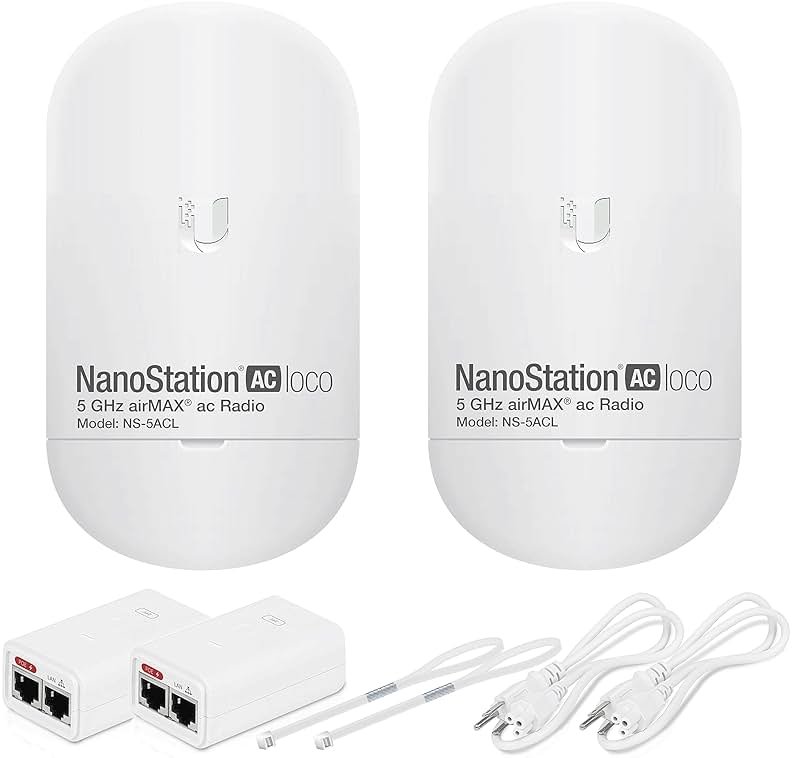 Wireless Bridge Ubiquiti LOCO5AC PRE-CONFIGURED, Bundle of 2 Ubiquiti Nanostation LOCO 5AC, Point to Point Outdoor WiFi Bridge, Plugh and Play, 5GHz, 450+Mbps, 10+km Link Range, Network Bridge - Product Image