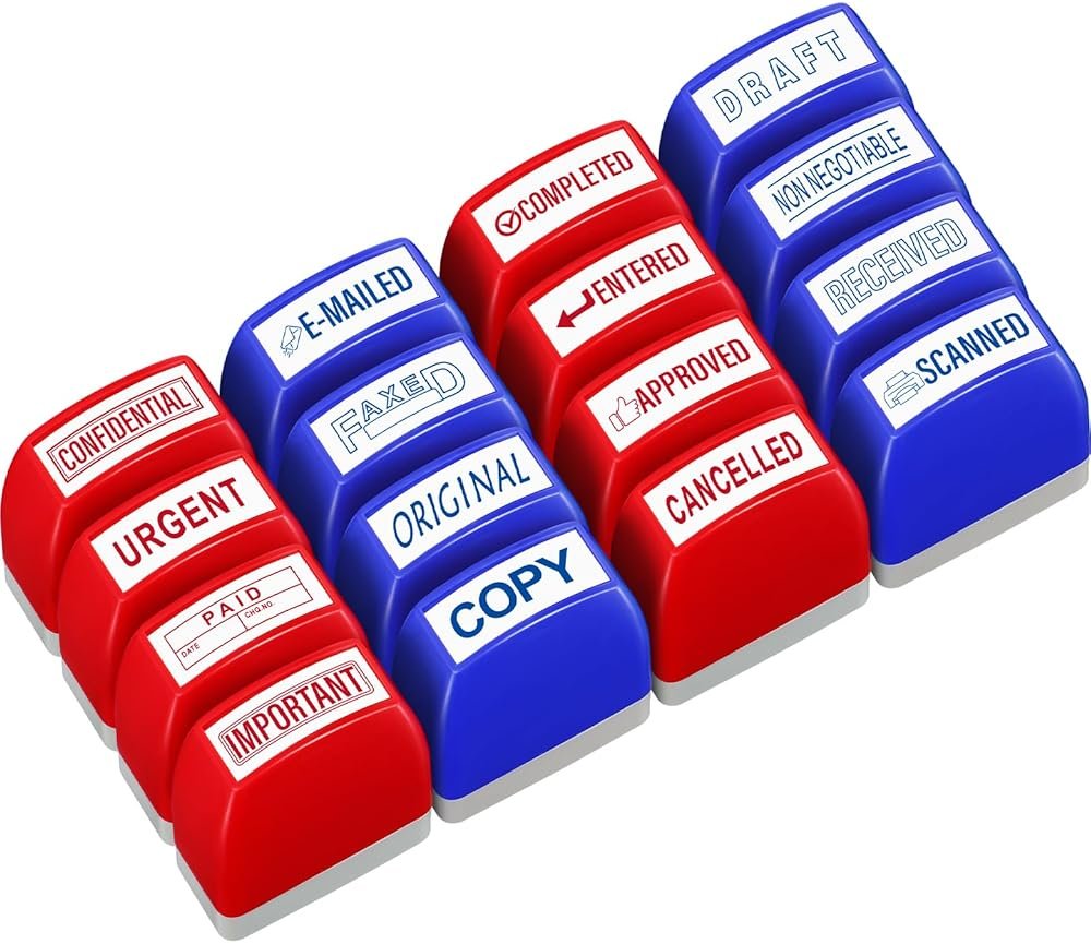 Crtiin 16 Pcs Office Stamp Set Message Self Inking Rubber Stamp Set for Office Stamps Completed Faxed Scanned Stamps for Message Supplies(Red, Blue) - Product Image