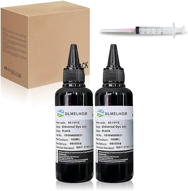Universal Dye Ink Refill Kit 2 Black for HP Canon Epn Brother Lexmark Samsung Dell Kodak Inkjet Printers Compatible Cartridges Refillable Cartridge CISS CIS System with Syringes(2BK x 100ml) - Product Image
