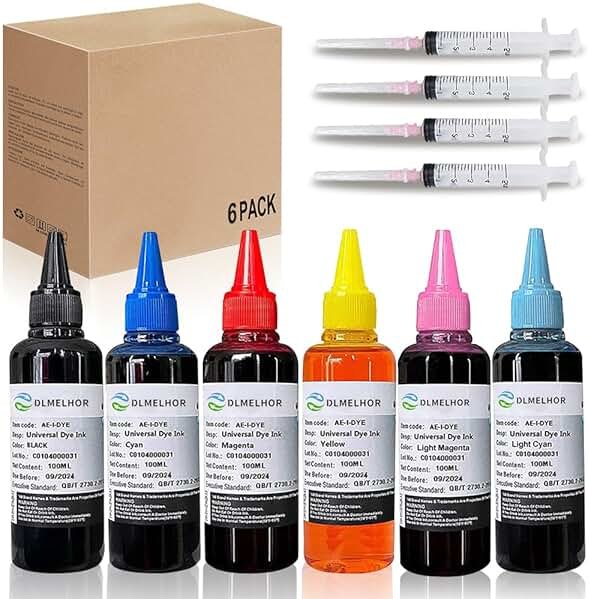 Universal Dye Ink Refill Kit for HP Canon Brother Lexmark Samsung Dell Kodak Inkjet Printers 6 Color Set 6pcs(BK+CMY+LC+LM) Compatible Cartridges Refillable Cartridge CISS CIS System with 4 Syringes - Product Image