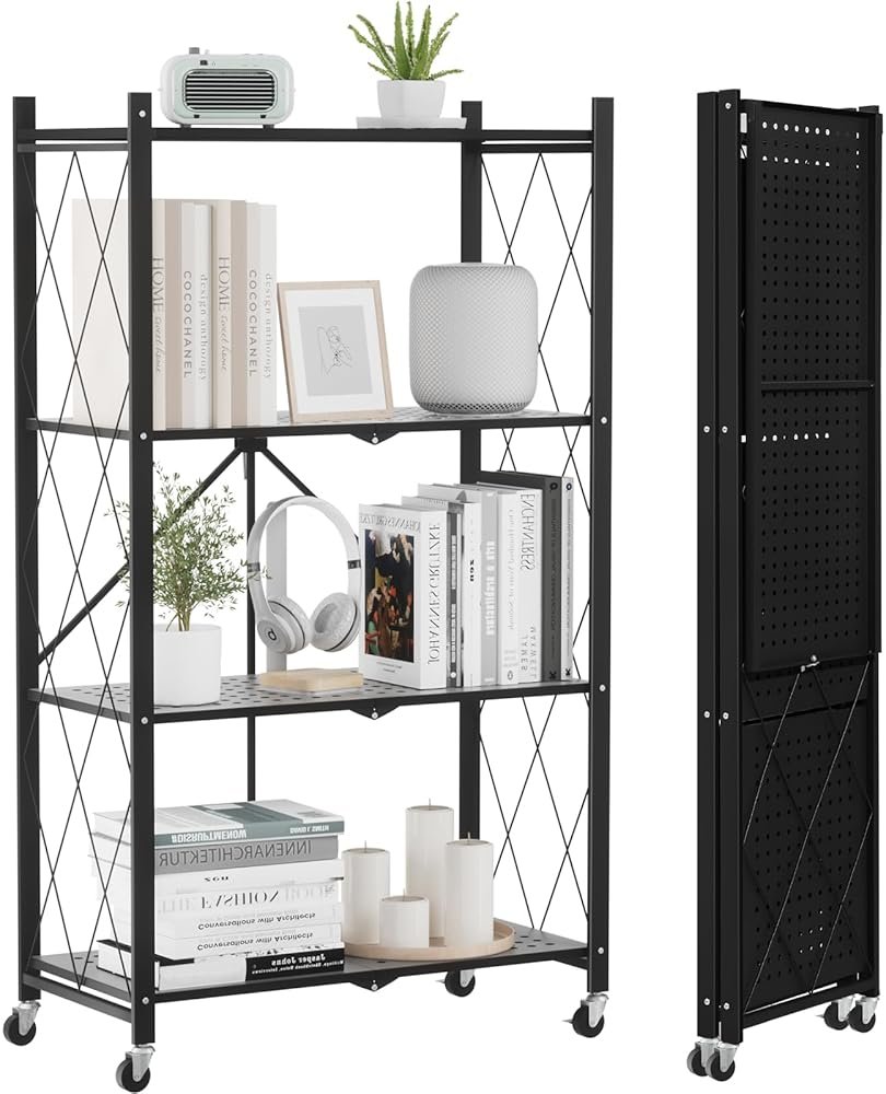 ALANNG Heavy Duty 4-Tier Folding Shelf with Wheels, No Tools Assembly Metal Storage Rack Cart, 264LBS Capacity for Kitchen, Pantry, Laundry Room, Garage, (Black, 1PACK) - Product Image