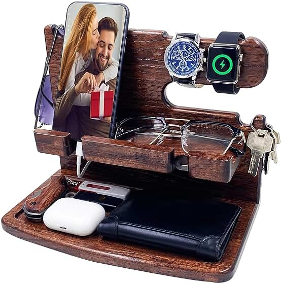 VEIYAILU Gifts for Men Women Dad Husband Boyfriend Wood Phone Docking Station Nightstand Organizer for Men Birthday Gifts (Dark Brown) - Product Image