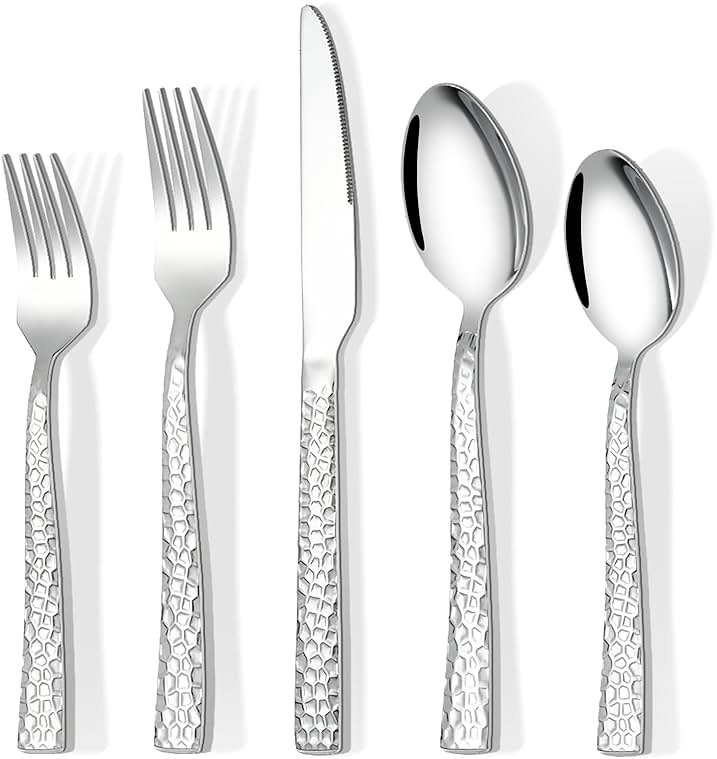 20-Piece Silverware Set, Hammered Stainless Steel Flatware Set for 4, Kitchen Utensil Cutlery Set Include Forks and Spoons Knives Flatware Set, Mirror Finish & Durable, Dishwasher Safe - Product Image