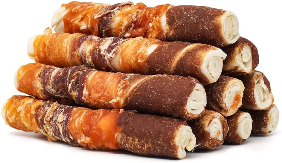 MON2SUN Dog Treats, Triple Flavor 6 Inch Chicken Liver Duck and Chicken Wrapped Rawhide Sticks, Teeth Cleaning Snacks for Medium Dogs, 17.6 oz (10 Count-Pack of 1) - Product Image