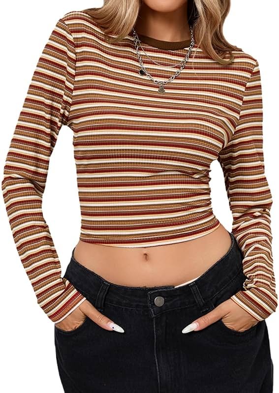 Milumia Women's Retro Fitted Long Sleeve Striped T Shirt Colorful Ribbed Crew Neck Fall Crop Top - Product Image