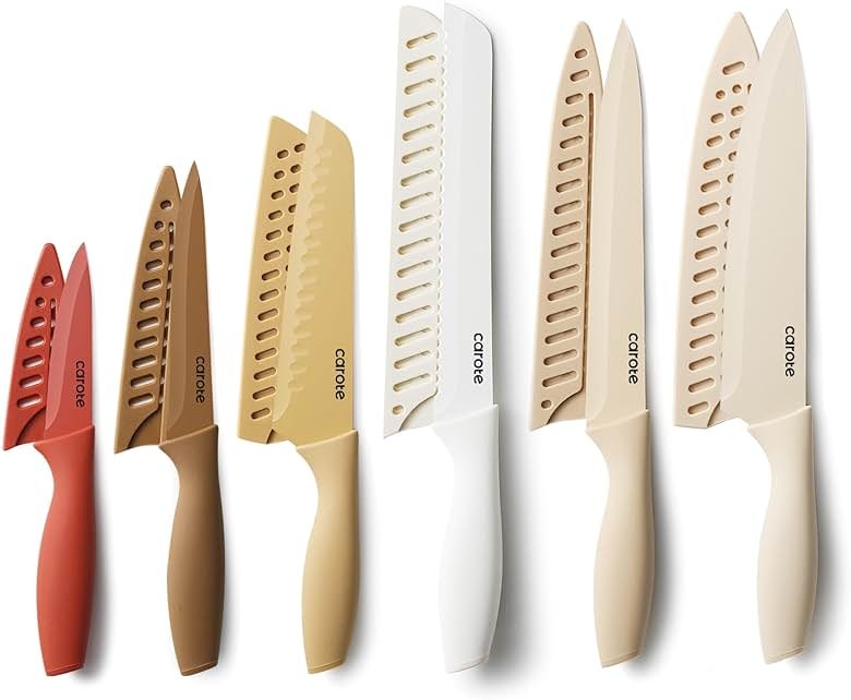CAROTE Knife Set, 12 Pieces Kitchen Knife Set, 6 Stainless Steel Knives with Blade Guards & Nonstick Ceramic Coating, Rustproof, Color-Coded, Ergonomic Handles - Product Image
