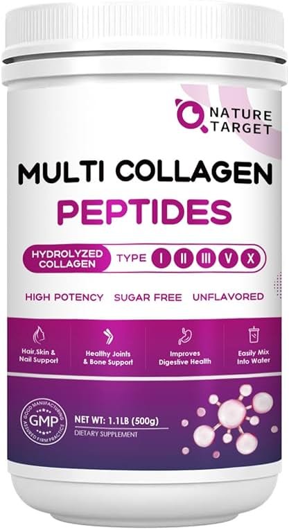 NATURE TARGET Multi Collagen Peptides Powder - Type I, II, III, V, X - Hydrolyzed Collagen Peptides with Vitamin C Hyaluronic Acid, Supports Skin Hair Nail & Joint, Grass-Fed, Non-GMO, 50 Servings - Product Image