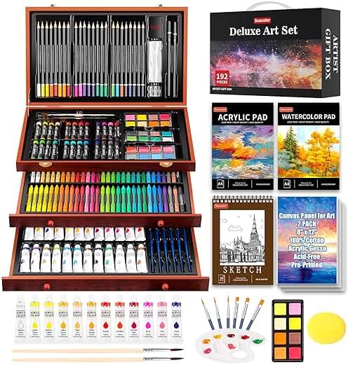 Soucolor Art Supplies, 192-Pack Deluxe Art Set Drawing Painting Supplies Kit with Acrylic Pad, Watercolor Pad, Sketch Book, Canvases, Acrylic Paint, Crayons, Pencils, Gifts for Artist Adults Teen Kids - Product Image