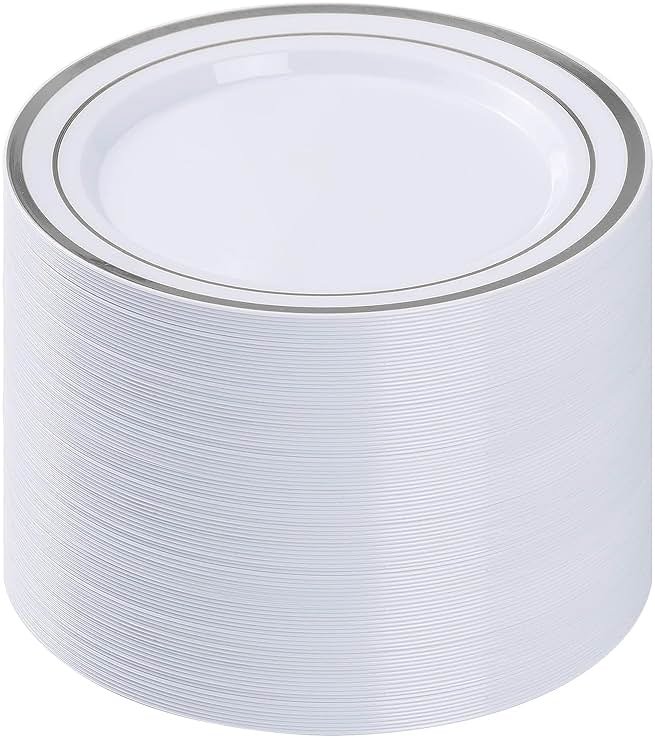 BESTVIP 100PCS Silver Plastic Plates, 10.25 Inch Disposable Dinner Plate Party with Silver Rim for Christmas, Thanksgiving, Heavy Duty Disposable Plastic Plates for Party, Wedding and Birthday, Events - Product Image