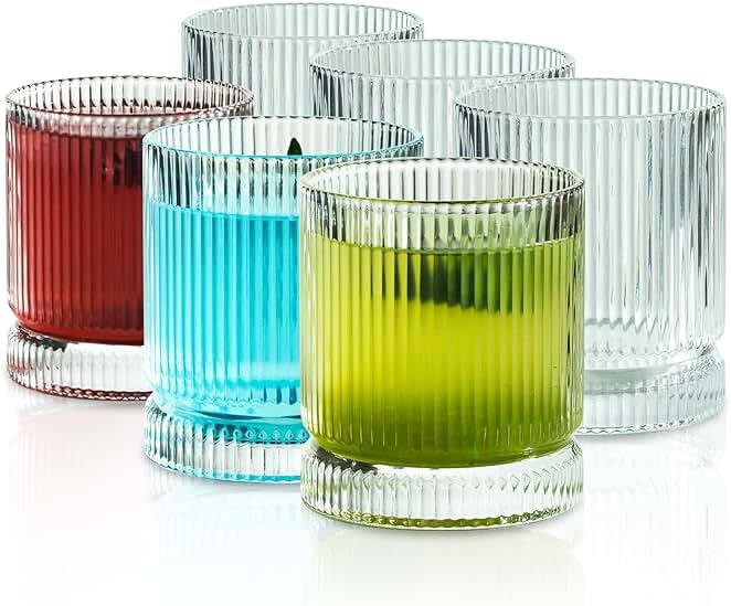 Ribbed Glass Cups Set, 13oz Vintage Drinking Glassware Set, 6 Piece Premium Glassware, Elegant Mixed Glassware Set, Origami Style Cocktail Glasses, Great for Whisky, Iced Coffee & Beverages (6PCS) - Product Image