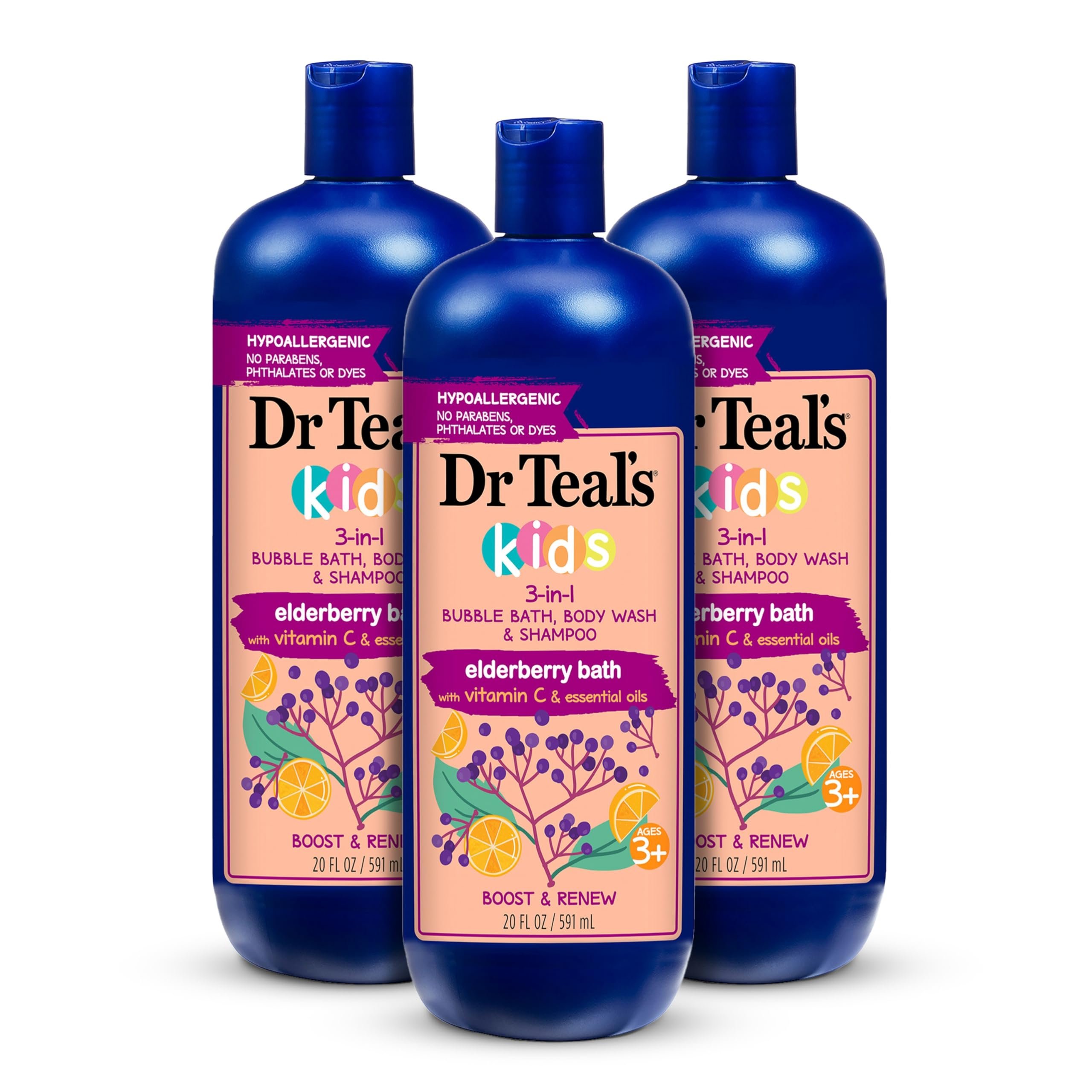 Dr Teal's Kids 3-in-1 Bubble Bath, Body Wash & Shampoo, Boost & Renew Elderberry with Vitamin C, 20 fl oz. (Pack of 3) - Product Image