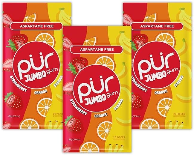 PUR Jumbo Gum | Aspartame Free Chewing Gum | 100% Xylitol | Natural Strawberry, Banana, Orange Flavor, 20 Pieces (Pack of 3) - Product Image