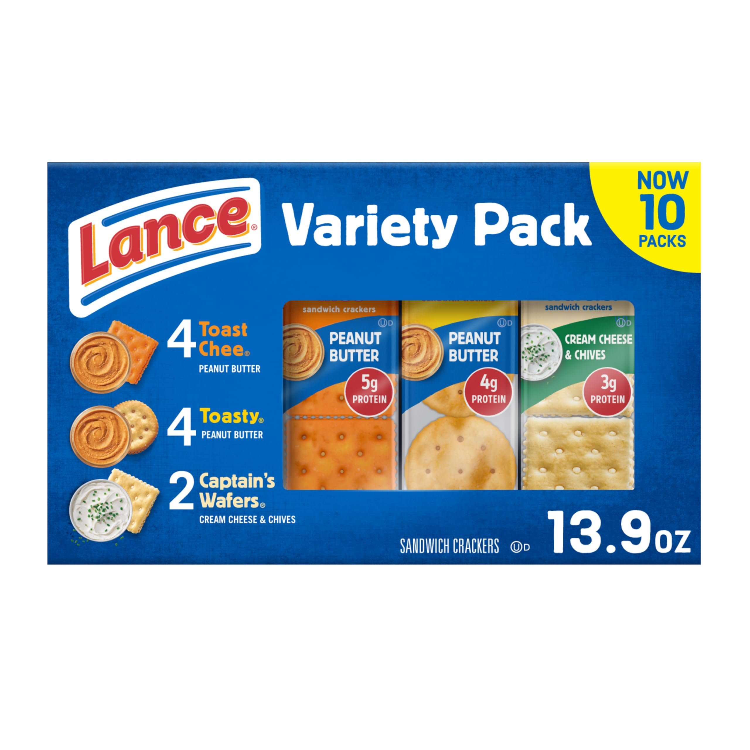Lance Sandwich Crackers, Variety Pack, 3 Flavors, 10 Individually Wrapped Packs, 6 Sandwiches Each - Product Image