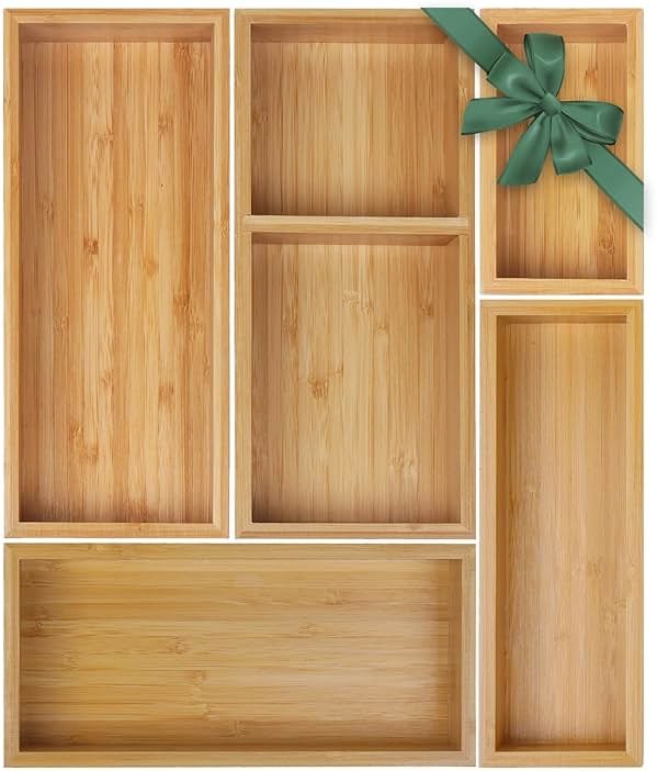 Bamboo Drawer Organizer Set, 5 PCS Multi-Use Individual Wood Storage Organizers, Junk Drawer Divider and Storage Trays Containers for Kitchen, Bathroom, Office Desk, Makeup, Jewelry, Utensils - Product Image