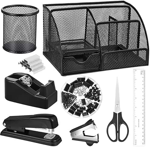 Black Desk Organizer and Accessories, Black Desk Asccessories Office Supply Kit Include Mesh Desktop Organizer Stapler 1000 Staples Tape Dispenser Pen Holder Staple Remover Clips Ruler Scissors - Product Image