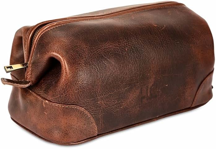 HLC Leather Toiletry Bag for Men Best Gift Premium Genuine Dopp Kit Shaving Kit Organizer Travel Kit Pouch Bag 10 inch Size (Brown) - Product Image