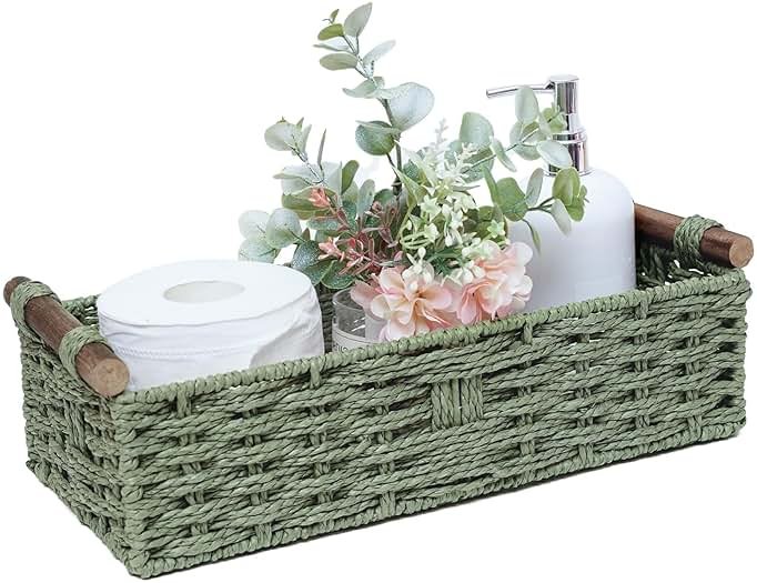 Round Paper Rope Storage Basket Wicker Baskets for Organizing with Handle Decorative Storage Bins for Countertop Toilet Paper Basket for Toilet Tank Top Small Baskets , Green - Product Image