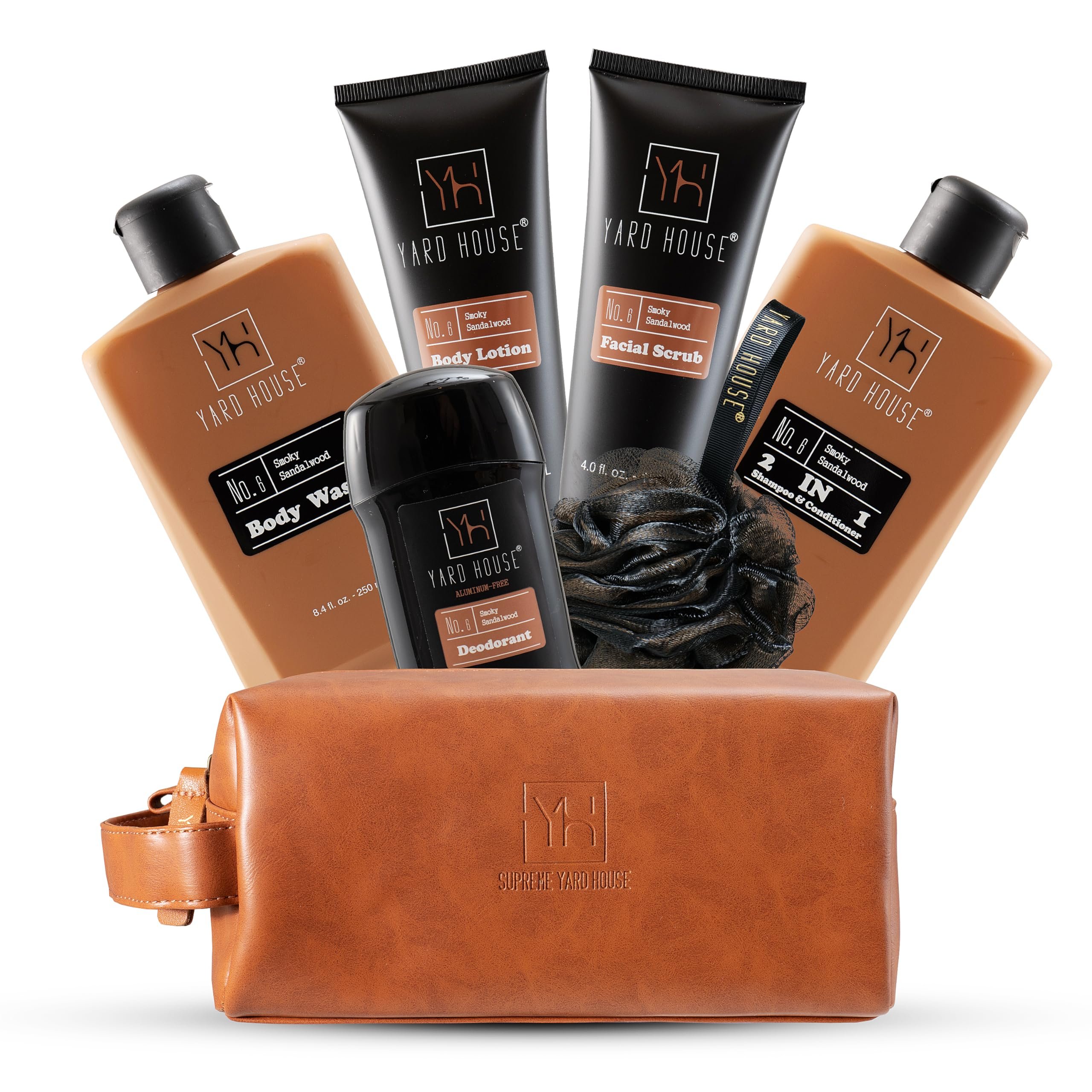 YARD HOUSE Luxury Mens Bath and Body Gift Set Basket For Him - Smoky Sandalwood - All Natural Skin Care Kit For Men w. Full Size Body Wash, Facial Scrub, Body Lotion, Deodorant in Leather Toiletry Bag - Product Image
