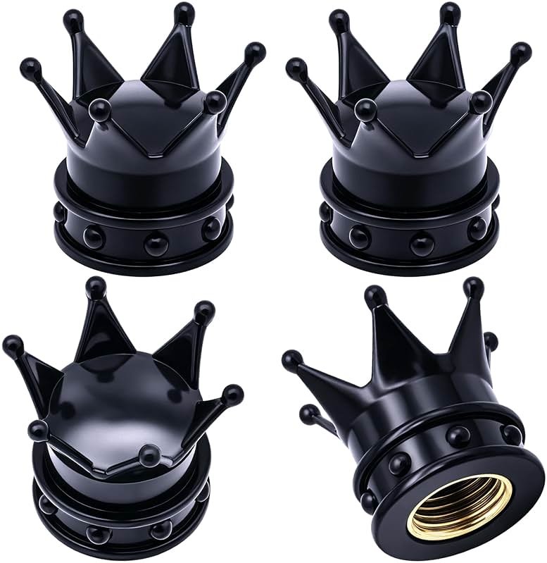 MEAJOO 4PCS Crown Tire Valve Stem Caps, with O Rubber Ring, Tire Air Valve Cap Plastic with Brass Core, Universal Cars, SUV, Trucks, Bikes, Motorcycles, Bicycles (Black) - Product Image