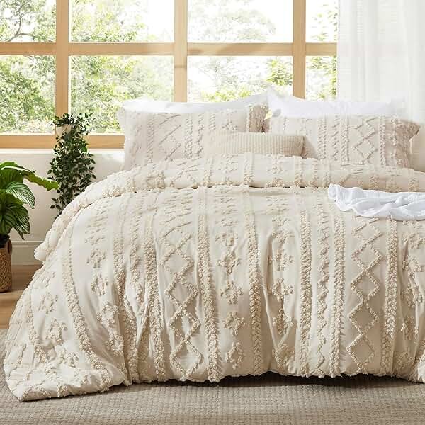 Bedsure Tufted Boho Comforter Set Queen Size - Beige Boho Bed Set, GentleSoft™ 3 Pieces Farmhouse-Style Embroidery Bedding, Gifts for Woman, Soft Jacquard Kids' Queen Comforter for All Seasons - Product Image
