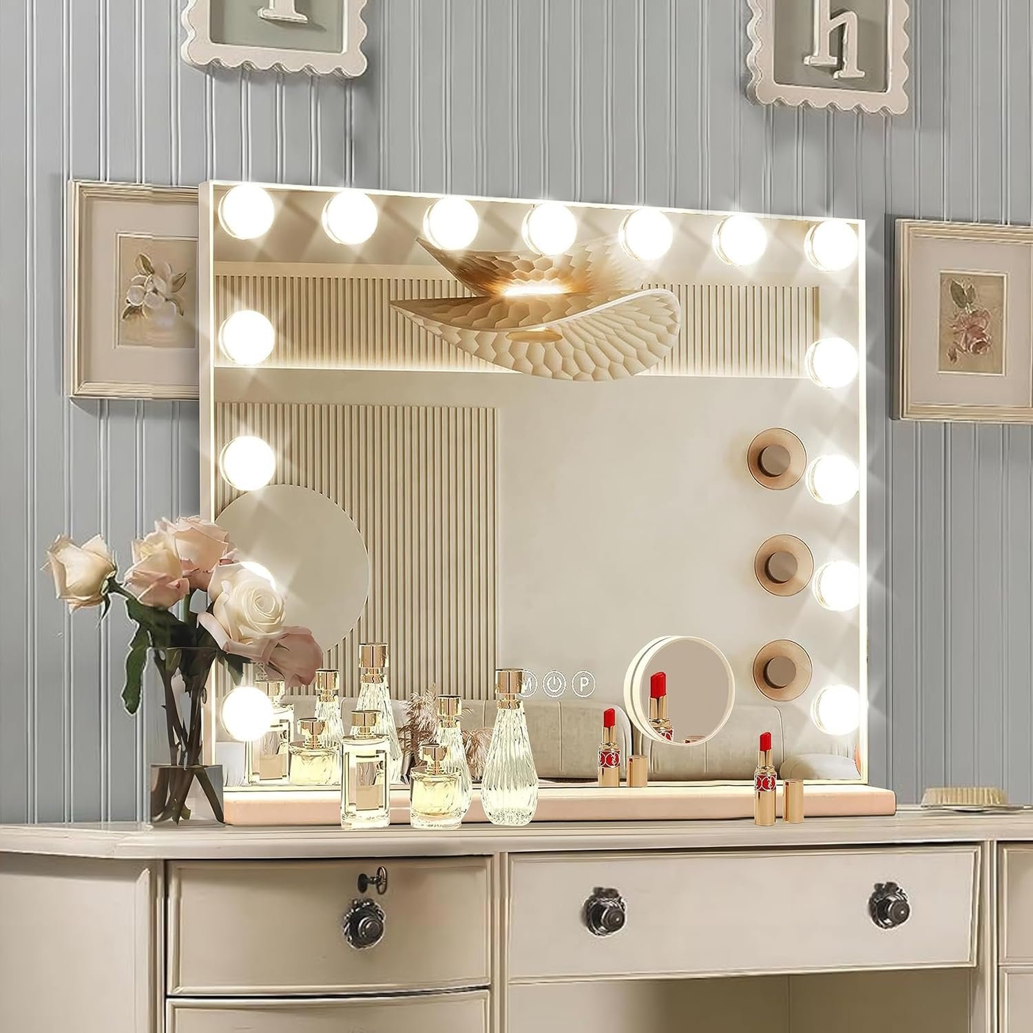 Ratsamee Hollywood Vanity Mirror with Lights, 23" x 18", 15 Dimmable Bulbs, 3 Color Lights, Make Up Lighted Mirror, USB Charging Port, Gifts for Women Wife Teengirls White - Product Image