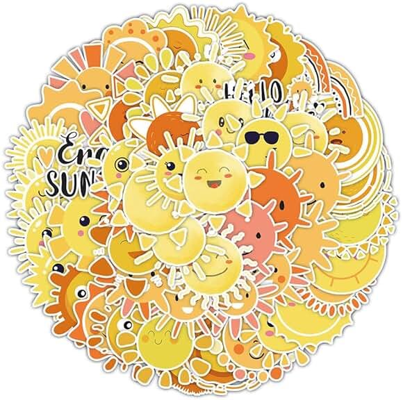 Ratgoo 50 Pcs Lovely Sun Stickers Pack – Cute Yellow Aesthetic Sunshine Waterproof Vinyl Decal Stickers for Water Bottles Laptop Luggage Cup Skateboard Guitar Journal Scrapbook - Product Image