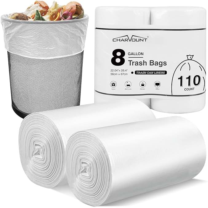 Charmount 8 Gallon Trash Bags, 110 Count Medium Garbage Bags Trash Can Liners for Bathroom Kitchen Office, Clear, Unscented - Product Image
