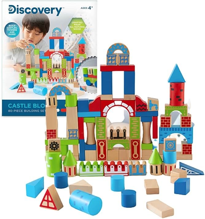 Discovery™ Wood Castle Blocks 80-Piece [Amazon Exclusive] Natural Wooden Building & Stacking Set, Imagination & Creativity Kids Activity Kit, Preschool Toddler Child Safe, Learning Playset Toy - Product Image