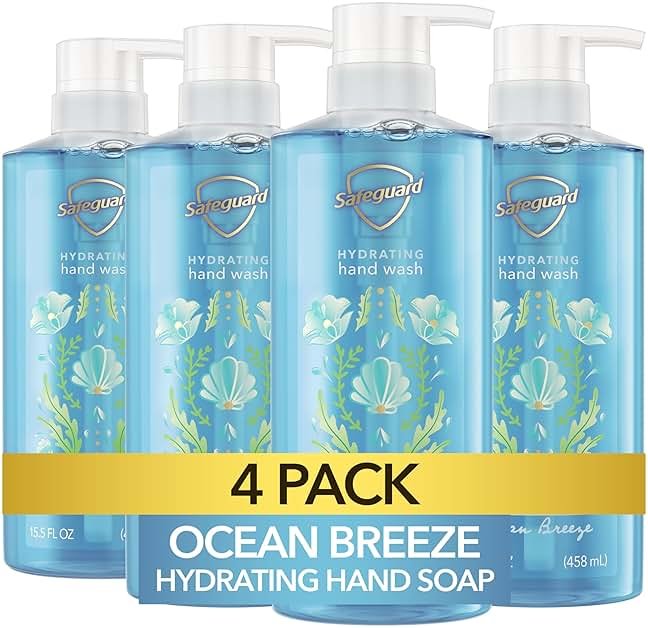 Safeguard Liquid Hand Soap, Micellar Deep Cleansing, Washes Away 99% Bacteria, Made with Natural Moisturizers, Enriched with Skin Conditioners, PH Balanced, Ocean Breeze Scent 15.5 oz (Pack of 4) - Product Image